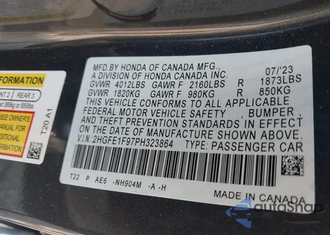 2023 Honda Civic Touring z USA, uszkodzony, nr VIN 2HGFE1F97PH323864